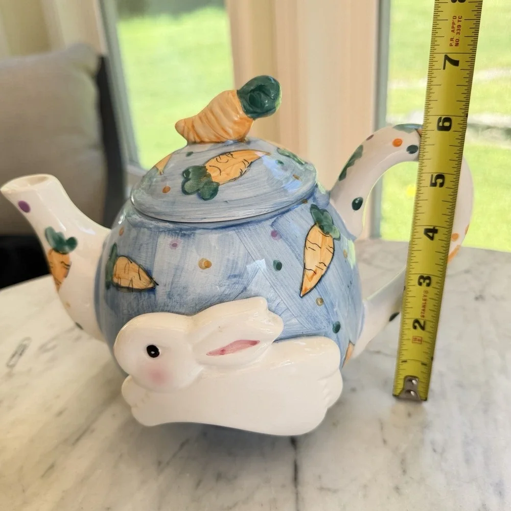 Vintage 90s Ceramic Easter Bunny Rabbit & Carrot Teapot with Lid Collectible‎
